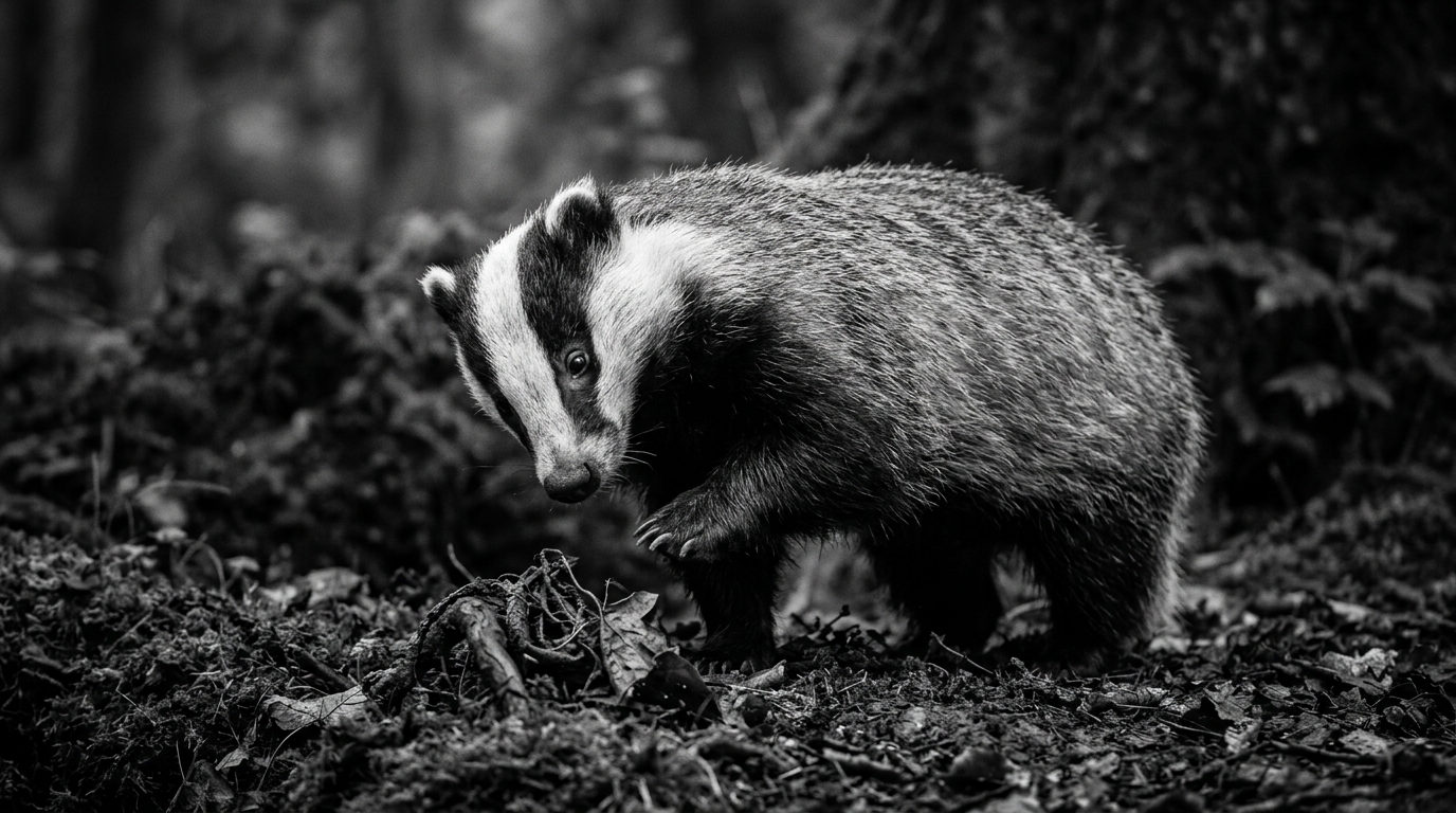 Black-and-white photograph: A European badger, with its head slightly cocked, one paw raised as if examining something new and complex on the ground, suggesting careful consideration and deep understanding. Keystone Ecological.