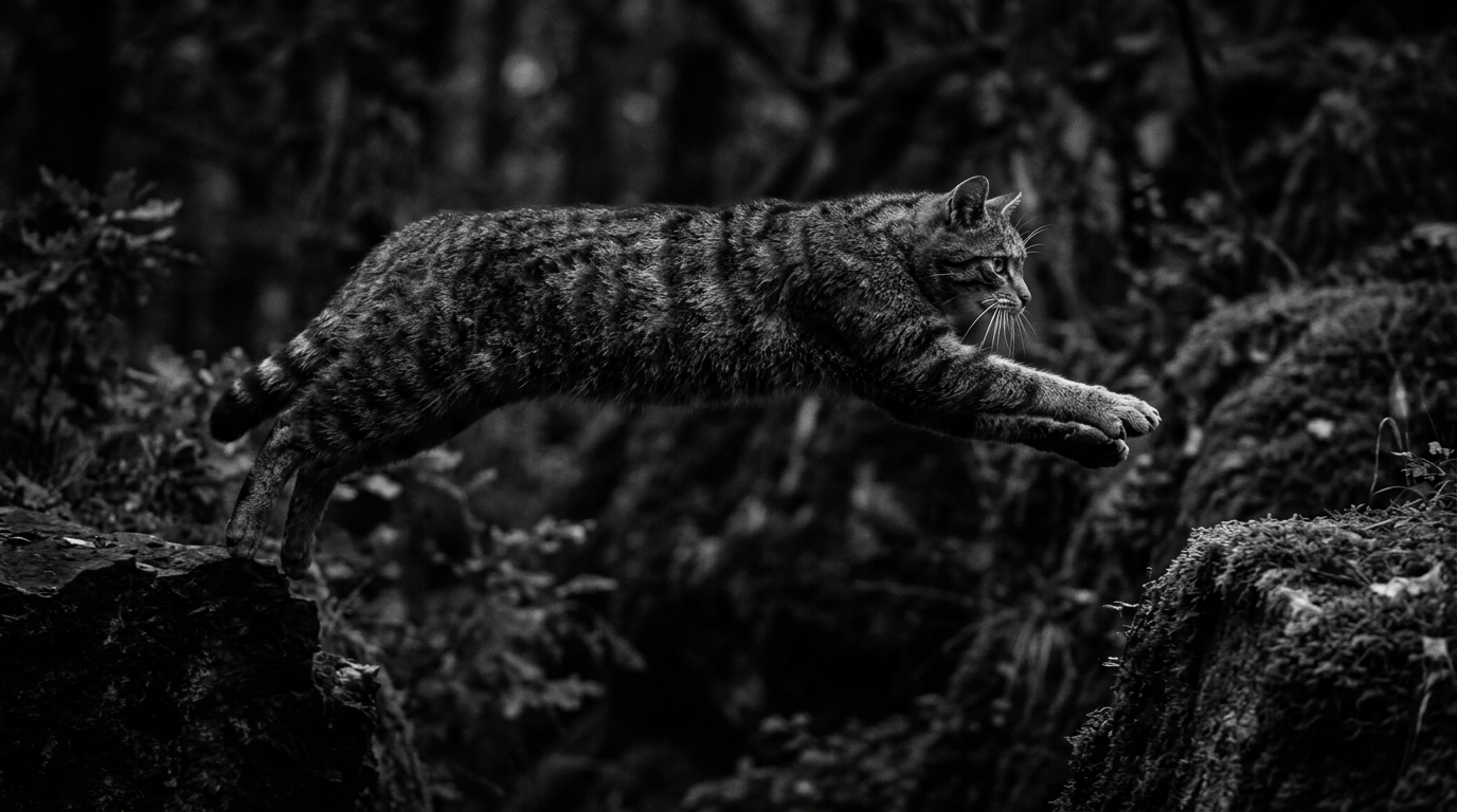 Black-and-white photograph: A European wildcat, caught in the act of leaping across a gap, its body taut and focused, with an outstretched paw reaching for the far side. Keystone Ecological.