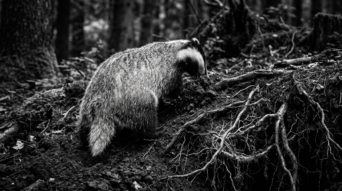 Black-and-white photograph: European badger, seen from behind, digging into the forest floor, revealing a complex network of roots and mycelium. Keystone Ecological.