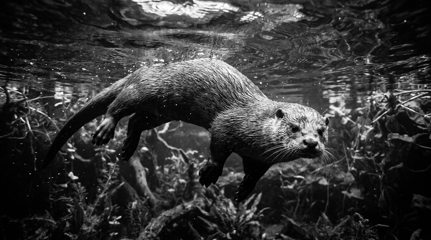 Black-and-white photograph: Eurasian otter, viewed from below while swimming gracefully, just beneath the surface of clear water, navigating a complex underwater environment. Keystone Ecological.