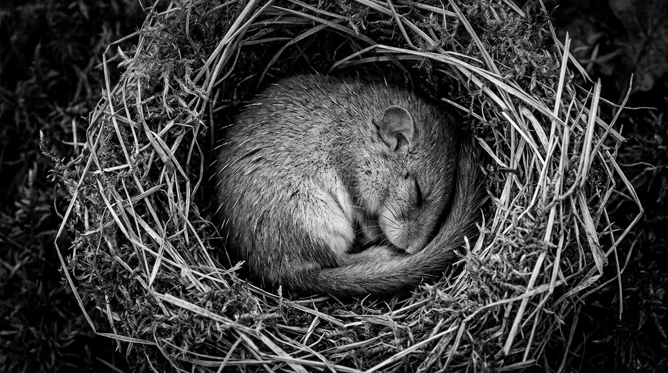 Black-and-white photograph: Harmonious dormouse, curled up asleep inside a nest constructed from grass and moss, seen from above. Keystone Ecological.
